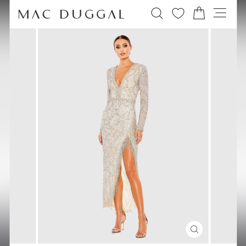 Mac Duggal Embellished long Sleeve V Neck Beaded Hem Gown 5747
